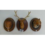 Beswick Tigers Head wall plaque 2934, Lions Head wall plaque and Stags Head Wall Plaque(damaged)(3)