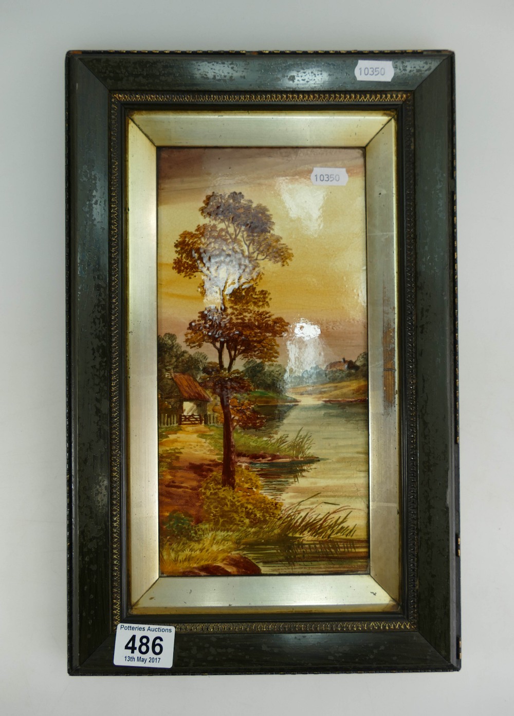 19th Century hand painted framed tile with landscape scene 27 x 44cm