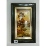 19th Century hand painted framed tile with landscape scene 27 x 44cm