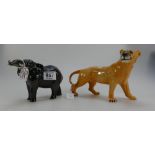 Beswick Elephant with trunk stretched 974 and Lioness 2097 (2)