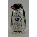 Royal Crown Derby paperweight Rockhopper Penguin with gold stopper. (Boxed).