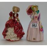 Royal Doulton lady figures Miss Demure HN1408 (hairline to base) and Top O the Hill HN1834(2)