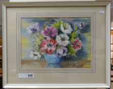 Shaila C Mair, "Anemones" A 1930s Watercolour painting of a vase of Anemone flowers,