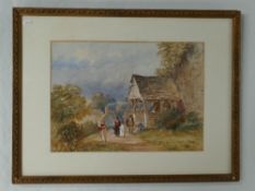 A Large Watercolour depicting rural scene with figures signed D.