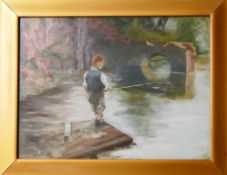 R Dean, oil painting on canvass of boy fishing in gilt frame,