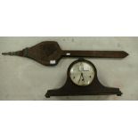 Oak 1930s mantle clock and The Saracens head set of oak fire bellows (2)