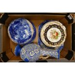 A mixed collection of items to include heavy gilded decorative wall plates together with blue and