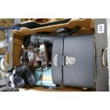 A mixed collection of camera equipment including Fujica, SLR camera, Russian leica copy camera,