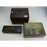 A collection of storage boxes to include Japanese lacquer box and oak cased tea caddy (3)