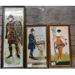 Three large ceramic framed tile scenes with various figures.