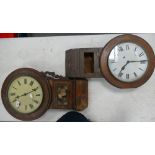 Victorian walnut inlaid drop dial wall clock together with another similar (both requiring