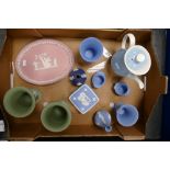 A mixed collection of Wedgwood items to include sage green vases, jasperware trinket boxes,