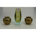 Mid Century heavy glass prism vase together with two decorated small brass vases (3)