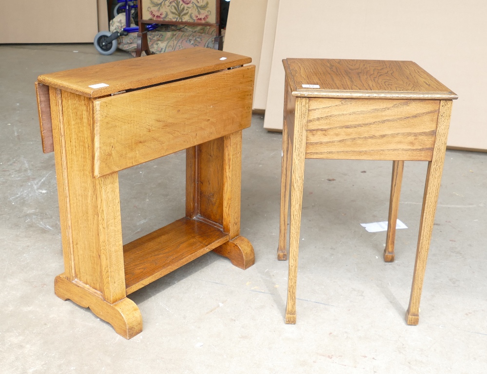 Small oak drop leaf occasional table with lined sewing box on legs (2)