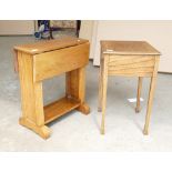 Small oak drop leaf occasional table with lined sewing box on legs (2)