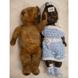 Large straw filled teddy bear with felt pads together with large Ruberoid doll