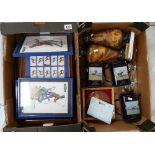 A large collection of horse racing memorabilia including Martel water jugs, frames,