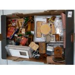 A good collection of brass and wooden dolls house items to include clocks, furniture, door ways,