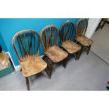 4 Elm Windsor stick back dining chairs and a Victorian red seated balloon back char (4)