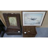 A mixed collection of items to include oak framed religious icon, boxed oak casket,