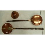 Two copper bed pans together with similar plunger (3)