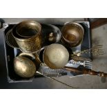 Collection of brass items to include bedpan, fireside tools,