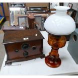 A lift up lid vintage one valve radio receiver and glass oil lamp (2)