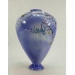 Lise Moorcroft Balloon vase decorated in silver lustre leaves on blue ground,