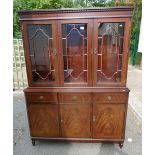 Reproduction inlaid mahogany display cabinet with 3 glazed doors,