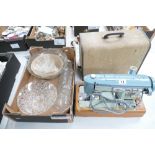 Large heavy Brother sewing machine together with a selection of pressed glass items including punch