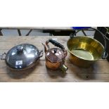 Canadian silver plated covered veg bowl together with heavy brass jam pan and small electric copper