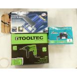 Tool Tec impact drill together with small boxed air compressor and boxed double barrel foot pump