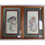 A pair of framed ceramic decorative tiles with images of young girls. (2)