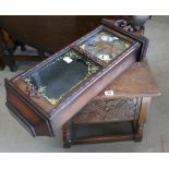 20th Century carved oak open top stool, with reproduction wall clock.