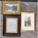 A collection of framed items to include reproduction marble tile with medieval scene, landscape