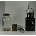 A collection of items to include Vintage metal cased railway lantern, Holland's Toffee jar, pump