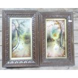 Two ceramic framed tiles with hand painted decoration of landscape scenes. (2)