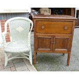Lloyd Loom style garden chair together with Oak 2 door, single drawer cabinet. (2)