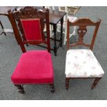 A carved oak Edwardian dining chair with purple upholstery and similar chair. (2)