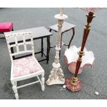 Reproduction French style white painted standard lamp with a similar dining chair painted white,