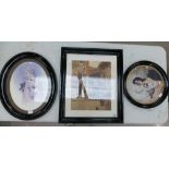 A collection of framed prints in good quality frames of young ladies with pets and work house scene.