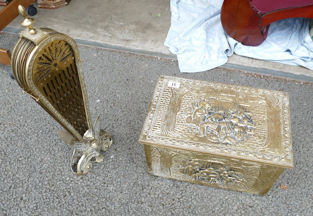 An embossed brass coal box and brass fire screen. (2)