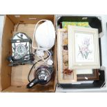 A mixed collection of items to include decorative prints, leaded glass effects, mantle clock,