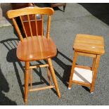 A pine bar chair and stool.