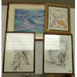 A mixed collection of mixed media framed art work to include prints, embroidery pieces and large