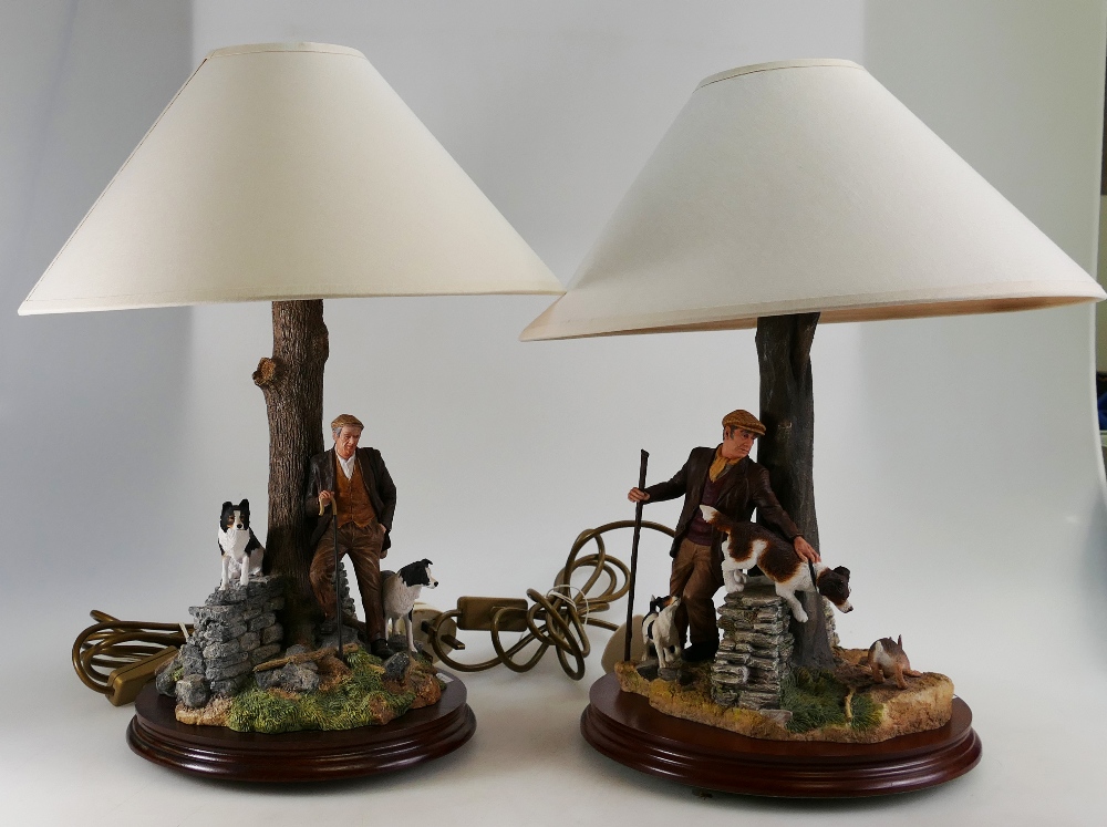 Border Fine Arts lamp base, Shepherd with Collies 'A Moment to Reflect' with original cream shade,