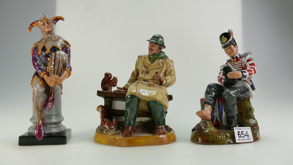 Royal Doulton character figures Drummer Boy HN2879, Lunchtime Hn2495 and The Jester HN2016 (all