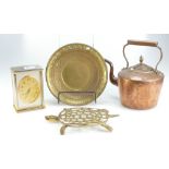 A mixed collection of metal ware items to include Linhof Carriage Clock, copper kettle, novelty