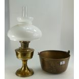 Large brass jam pan together with similar oil lamp. (2)