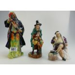 Royal Doulton character figures Mask Seller HN2103, Old King Cole HN2217 and Blue Beard HN2105 (